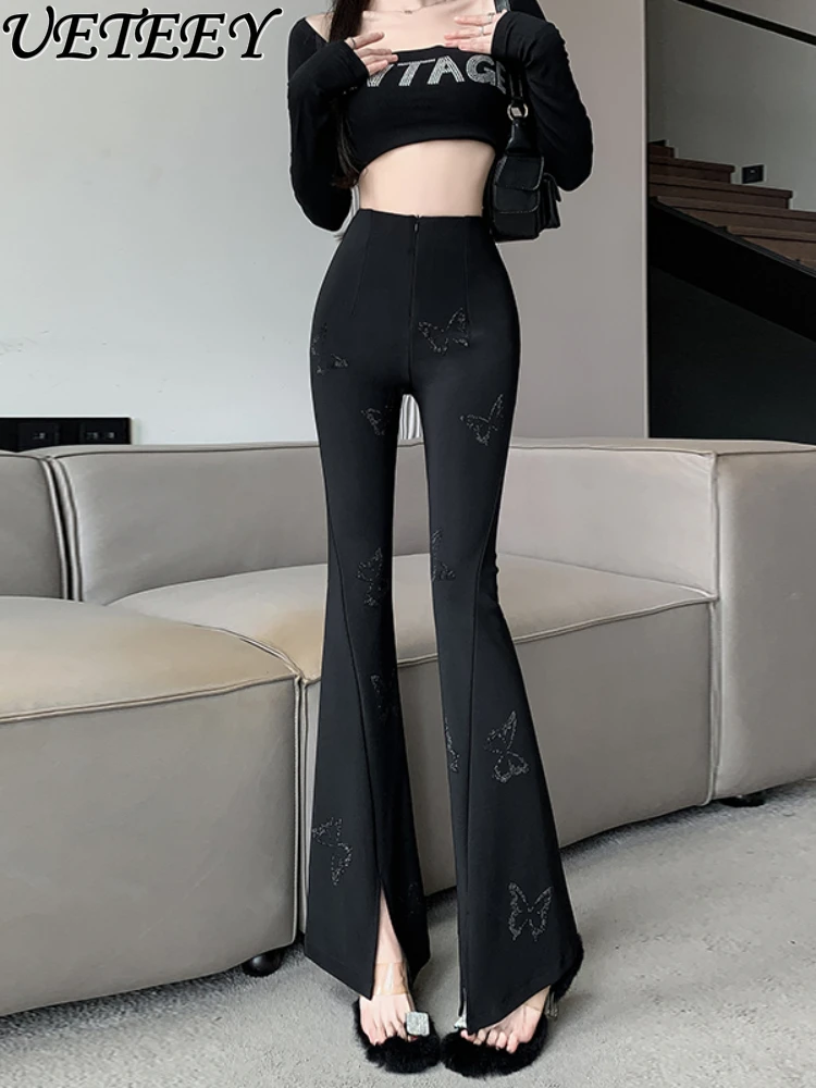 

Black Split Micro-Pull Suit Pants for Women Fall Slim Fit Stretch High Waist Flared Trousers Rhinestone Bow Mop Flare Pant