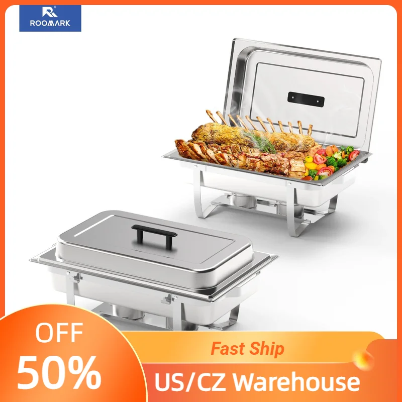 

ROOMARK 8QT Chafing Dish Buffet Set 2 Pack Stainless Steel Chafer Rectangular Catering Warmer Set w/ Trays Pan Lid Folding Stand