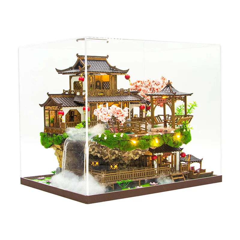 Chinese Style Courtyard DIY Dollhouse Kit Wooden Assembly with LED Lights Ancient Waterwheel Design Desktop Decor Handcraft Gift image 3