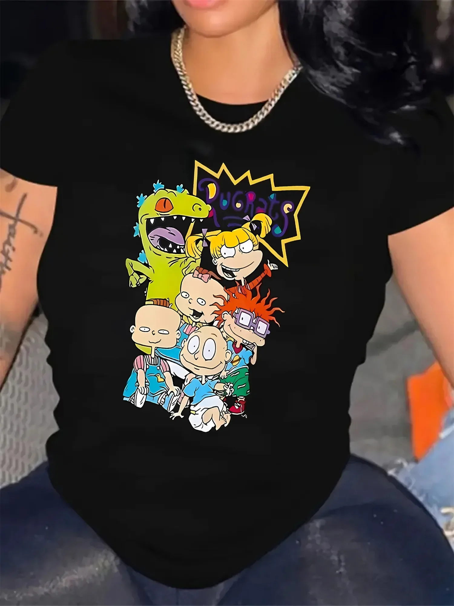 Women's Cartoon Graphic Rugrats Characters Print Casual Crew Neck Polyester Blend with Spandex Fashionable Everyday Top