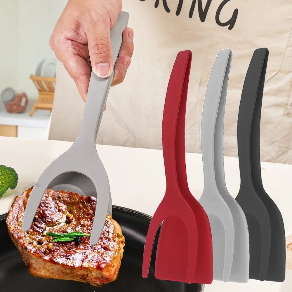 2 in 1 Steak Grip Multifunction Flipping Spatula Tongs Silicone Non Stick Coating Pancake Fish French Toast Omelet Making Tool