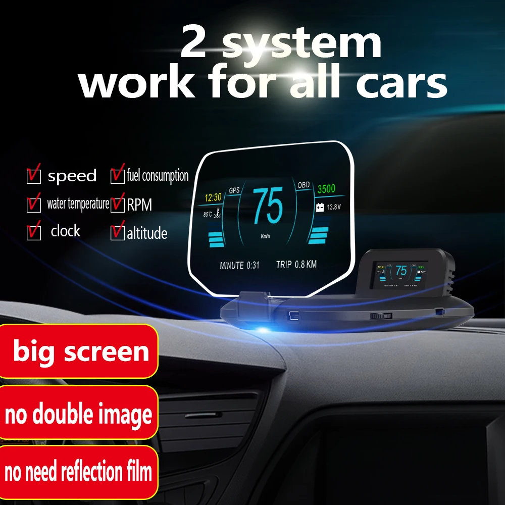 Universal Mirror HUD C1 OBD2 GPS Dual System Smart Gauge Head up Display on Windscreen HD Projector Speedometer with Navigation