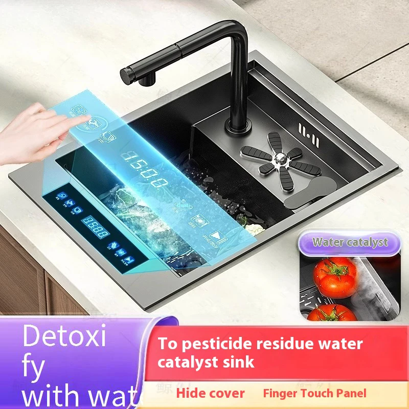 Modern Hidden Black Square Brass Single Bowl Kitchen Sink Smart LED Digital Display Ultrasonic Water Purifier Faucet For Bar