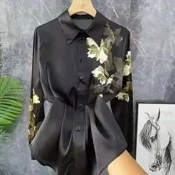 Camisas vintage de cetim para mulheres, mangas compridas, tops soltos, estampas de seda, pescoço polo, roupas para primavera e verão, novas