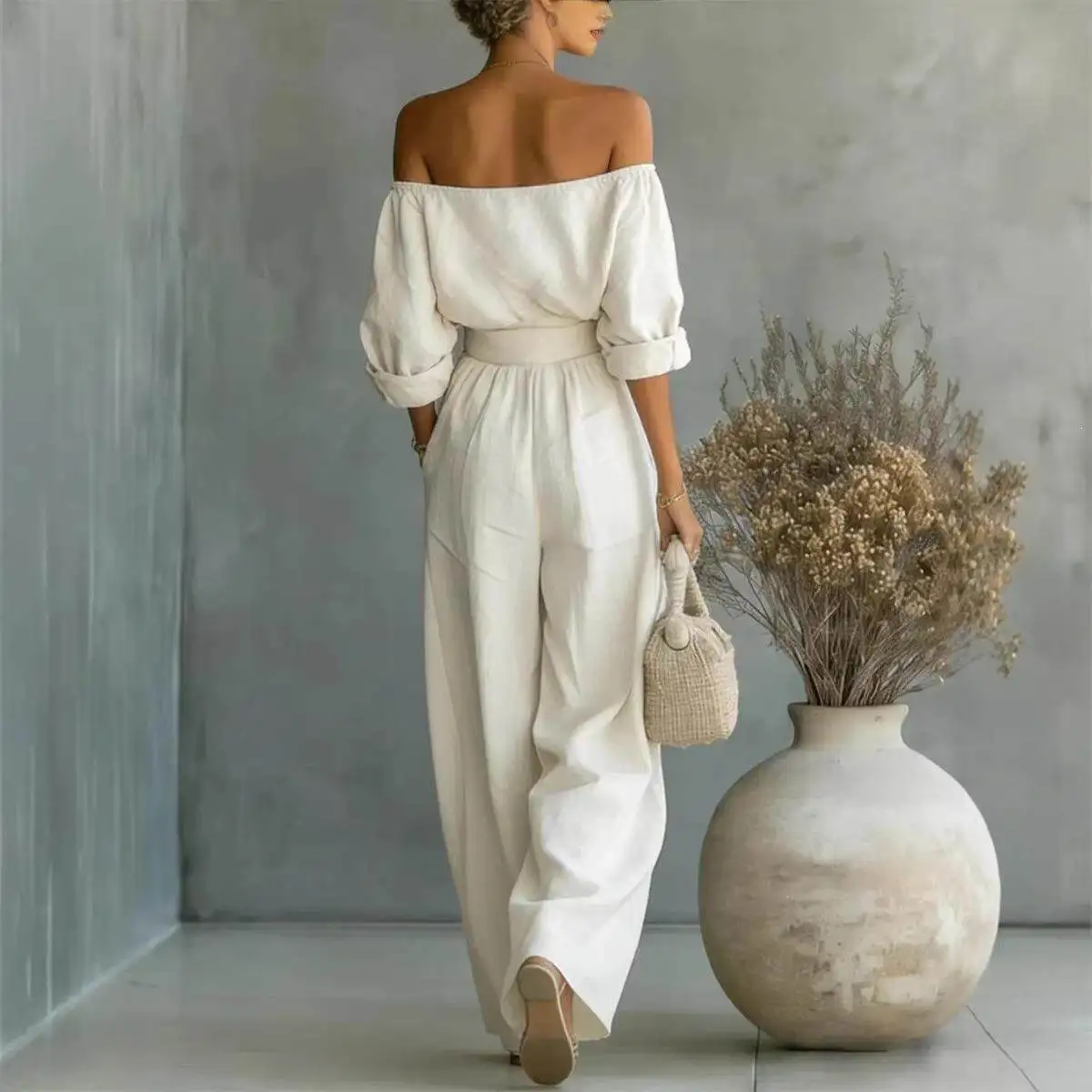 Fashionable Casual Shoulder-baring Wide Leg Pants Set 2026 New Independent Station Two-piece Women's Ensemble Mid-low Waist P...