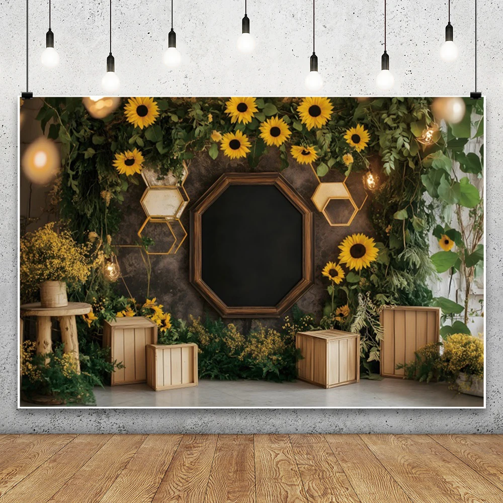 Rustic Wooden Board Bee 1st Birthday Baby Shower Photography Backdrop Sweet Honeycomb Sunflower Birthday Party Decor Background