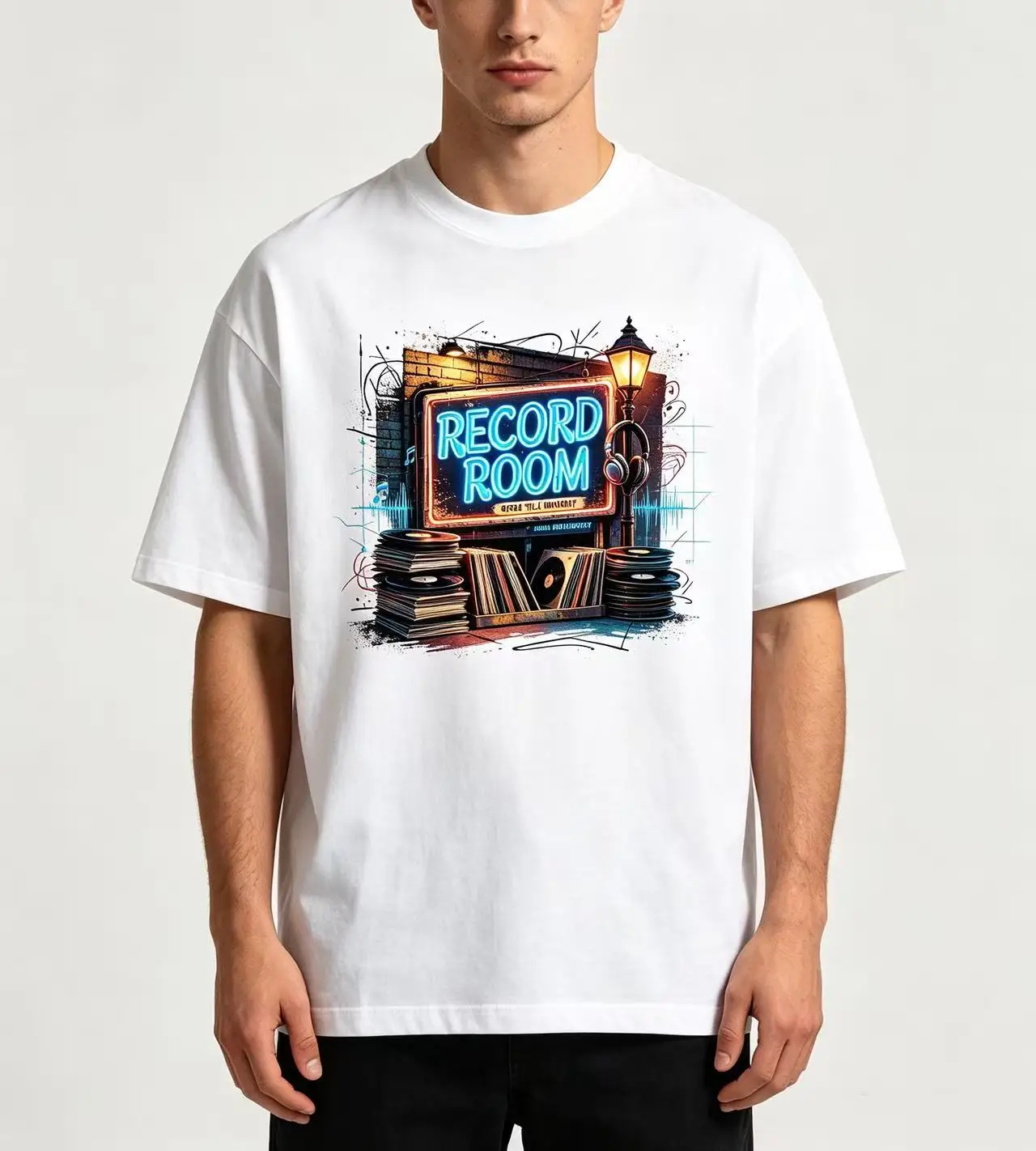 Unisex Record Room Vinyl Record Neon Sign Graphic T Shirt Men Women Retro Street Lamp Music Graffiti Print Oversized Crew Neck Cotton Top