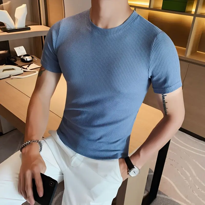 Korean Fashion Summer New Slim Fit Men\'s Round Neck Short Sleeved T-shirt Solid Cotton Casual Waffle Tight Elastic Bottom Tops