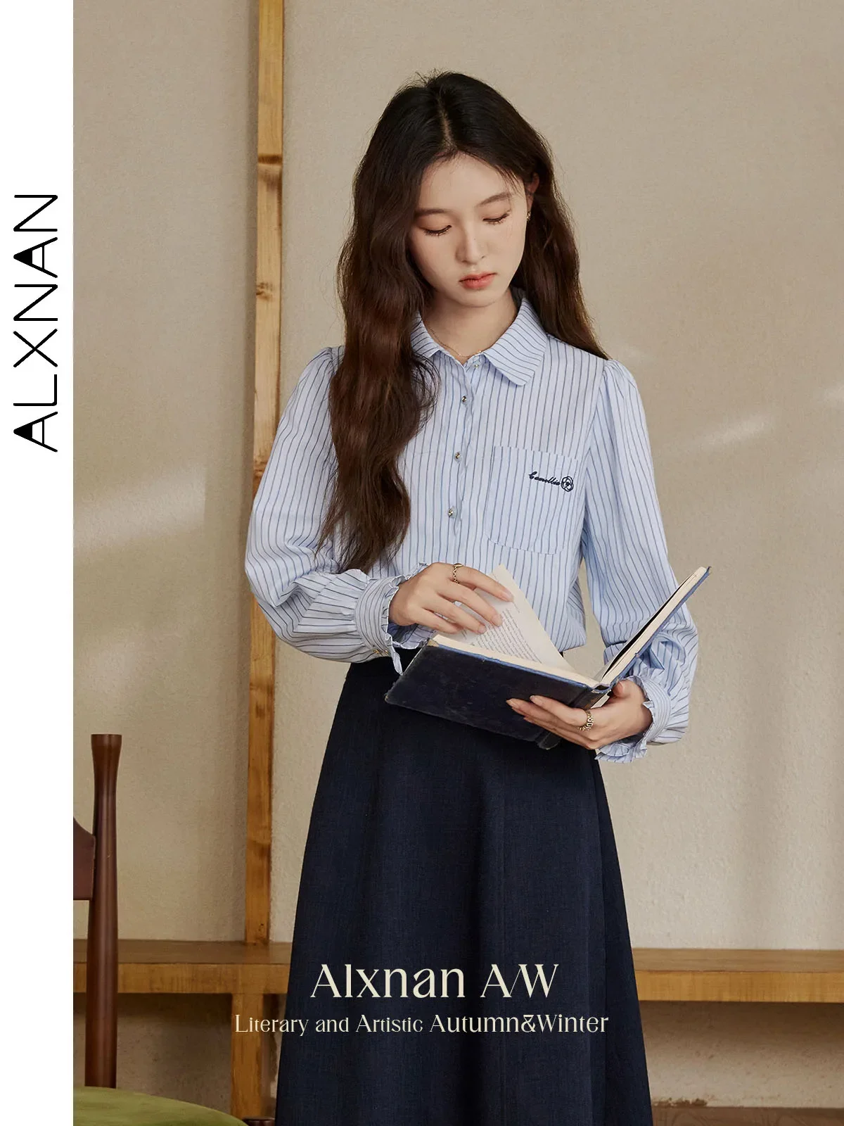 Alxnan camisas listradas preppy femininas simples lapela gola manga longa carta bordado 2024 outono inverno senhora casual topos l39670