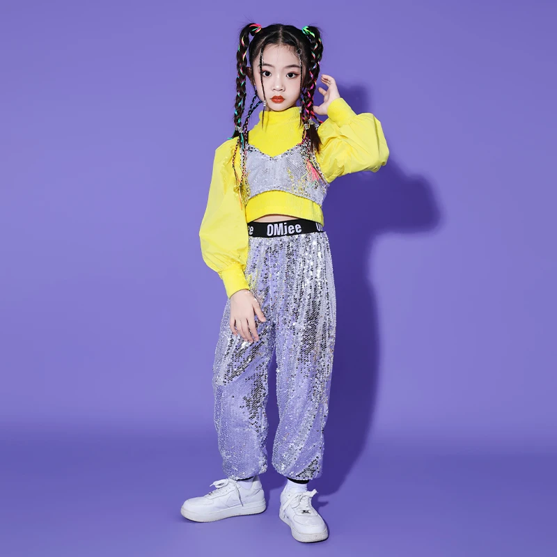 Kinder Street Dance Kostüm Modell Runway Fashion Kleid für Mädchen mit gelben Pailletten für Tanzaufführung
