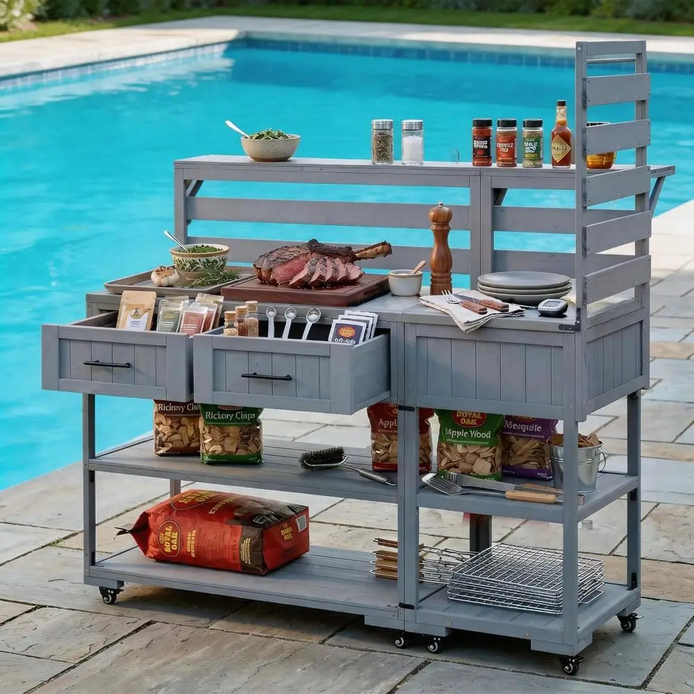 

62.3 Outdoor Kitchen Island with Stainless Top, Wood BBQ Cart, and Portable Grill Table - Gray & Rustic Style