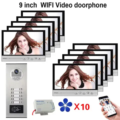 6/8/10 유닛 아파트용 스마트 Tuya Wifi 비디오 인터콤 RFID 카드/APP 잠금 해제 초인종 카메라 시스템이 포함된 9인치 화면