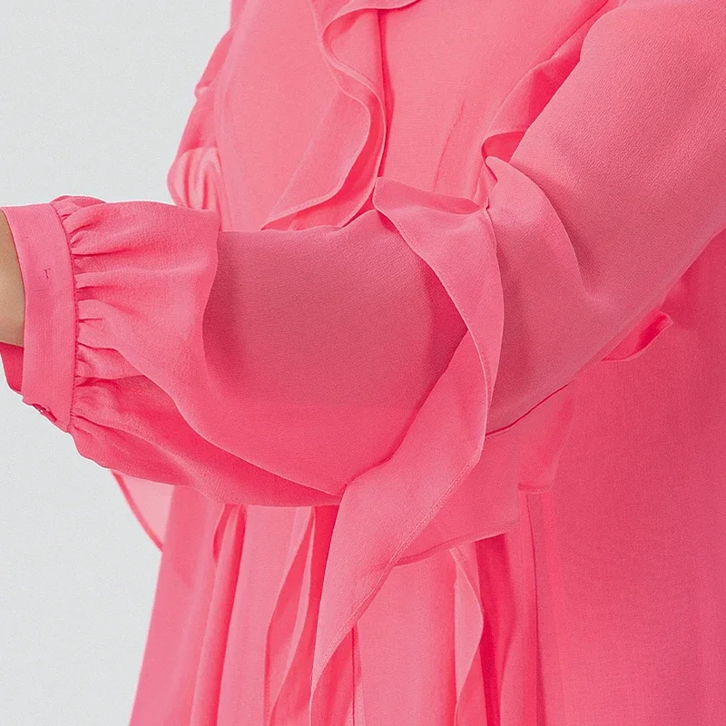 Voa pêssego rosa dupla camada georgette seda o pescoço lanterna mangas compridas vestido babados doce maxi vestidos para mulher outono ae1718