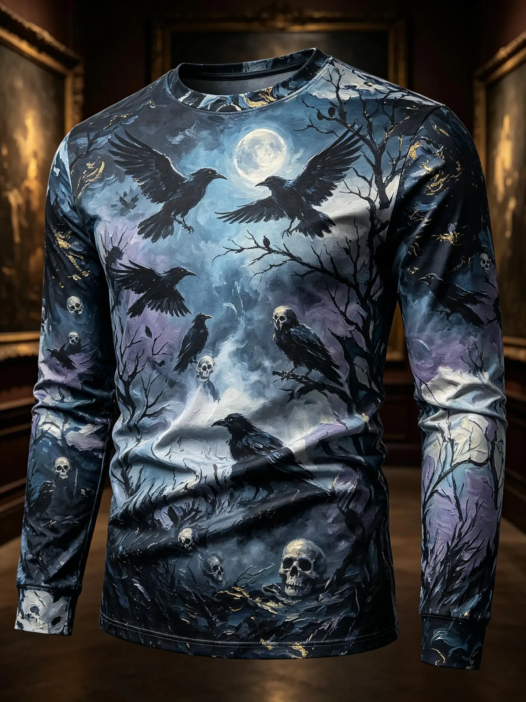 Vintage Gothic Moon Crow Skull Print Men Long Sleeve T-shirt, Halloween Party Casual Daily Wear Top