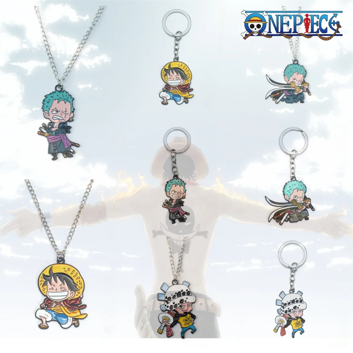 Anime ONE PIECE Metal Keychain Cartoon Action Luffy Zoro Nami Usopp Fashion Jewelry Ornament Toys Cute Keychain Pendent Necklace