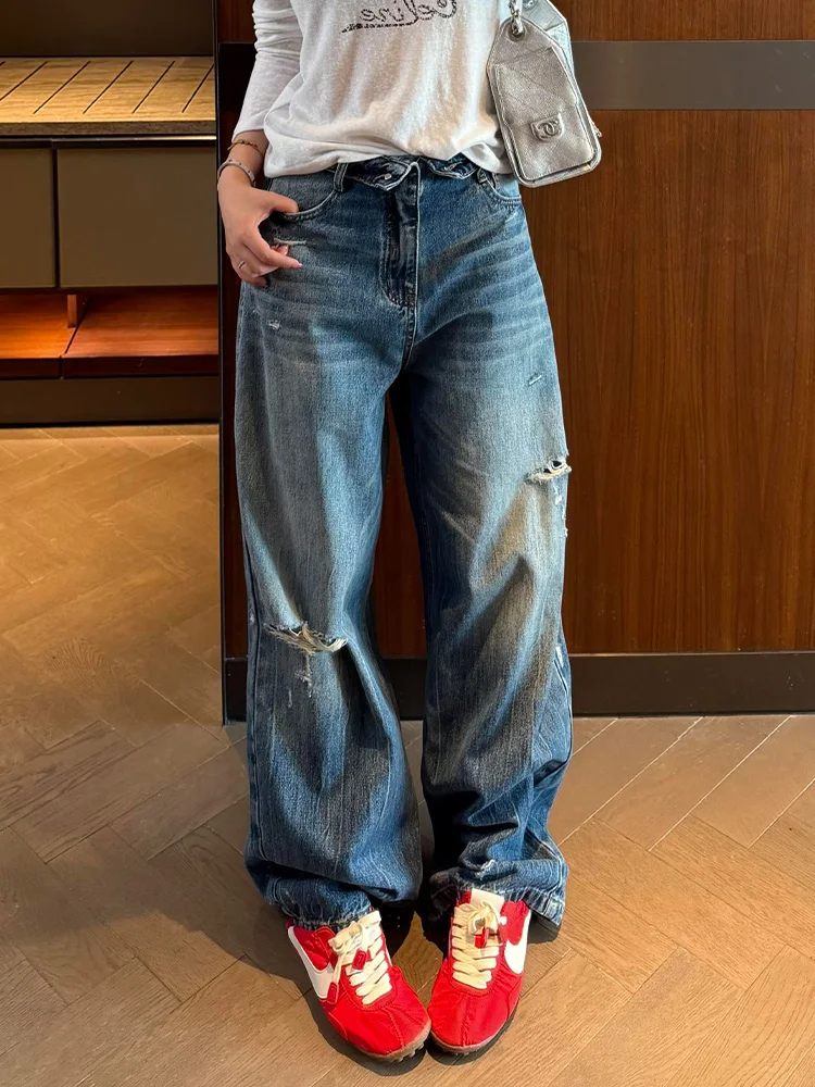 Retro American Spicy Girl Distressed Denim Jeans Women's Autumn New Design Sense Flip Waist Body Long Pants Natural Waist