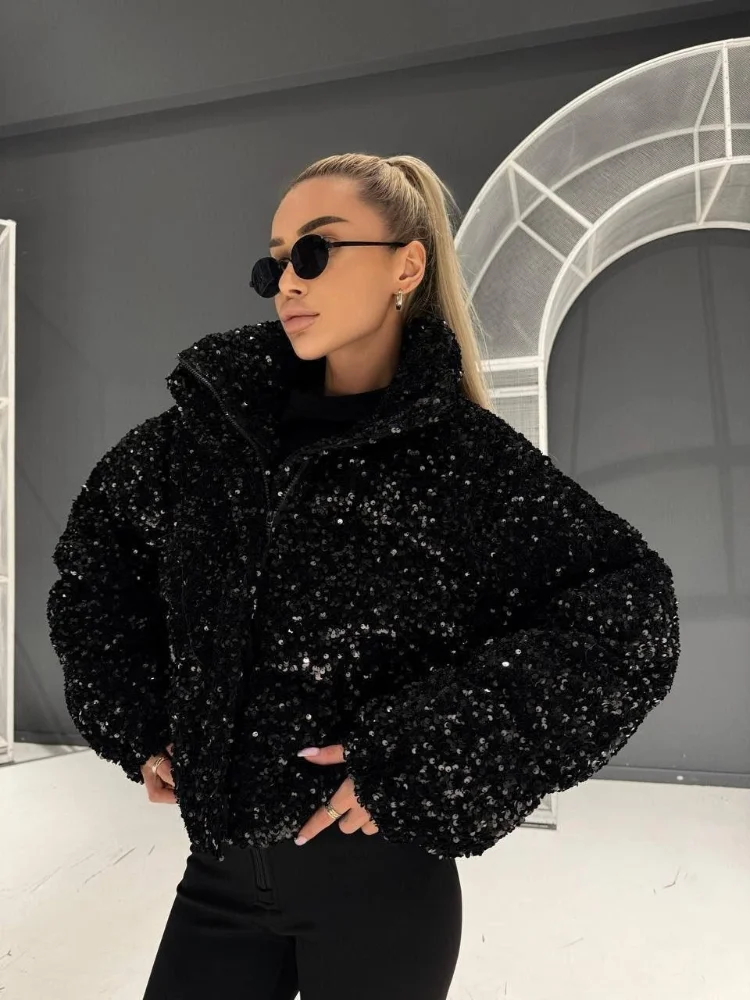 Women Colorful Sequin Cropped Puffer Jacket Stand Collar Hooded Cotton Padded Coat Winter Warm Daily Street 2026 New Outerwear