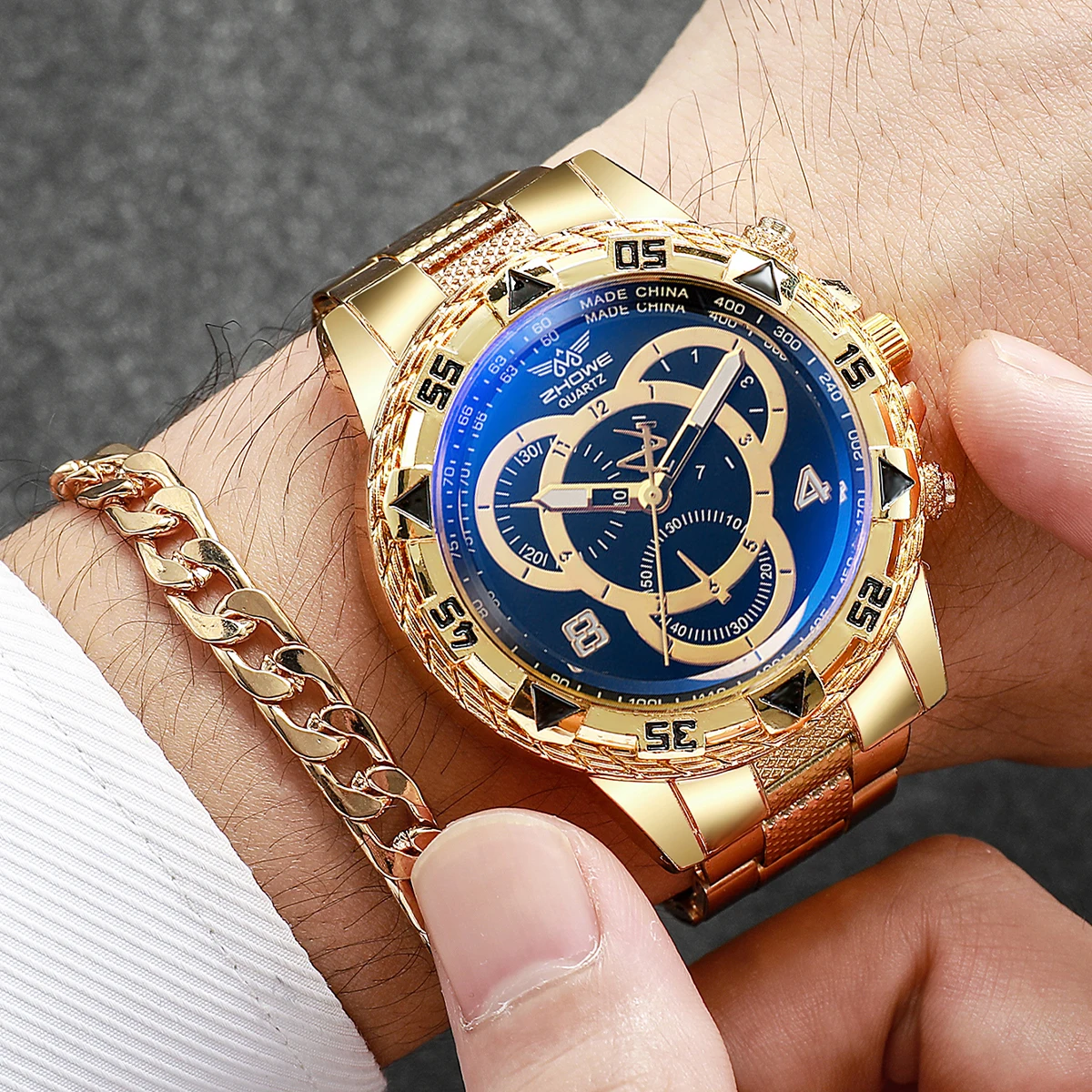 4 개/대 패션 남자 쿼츠 시계 럭셔리 대형 다이얼 남성 비즈니스 손목 시계 남성 시계 쥬얼리 세트 Reloj Hombre (상자 없음)