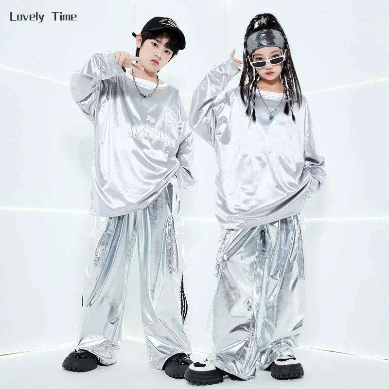 Boys Hip Hop Silver Sweatshirt Street Dance K-pop Cargo Pants Girl PU Leather Clothes Sets Kids Children Jazz Shiny Streetwear