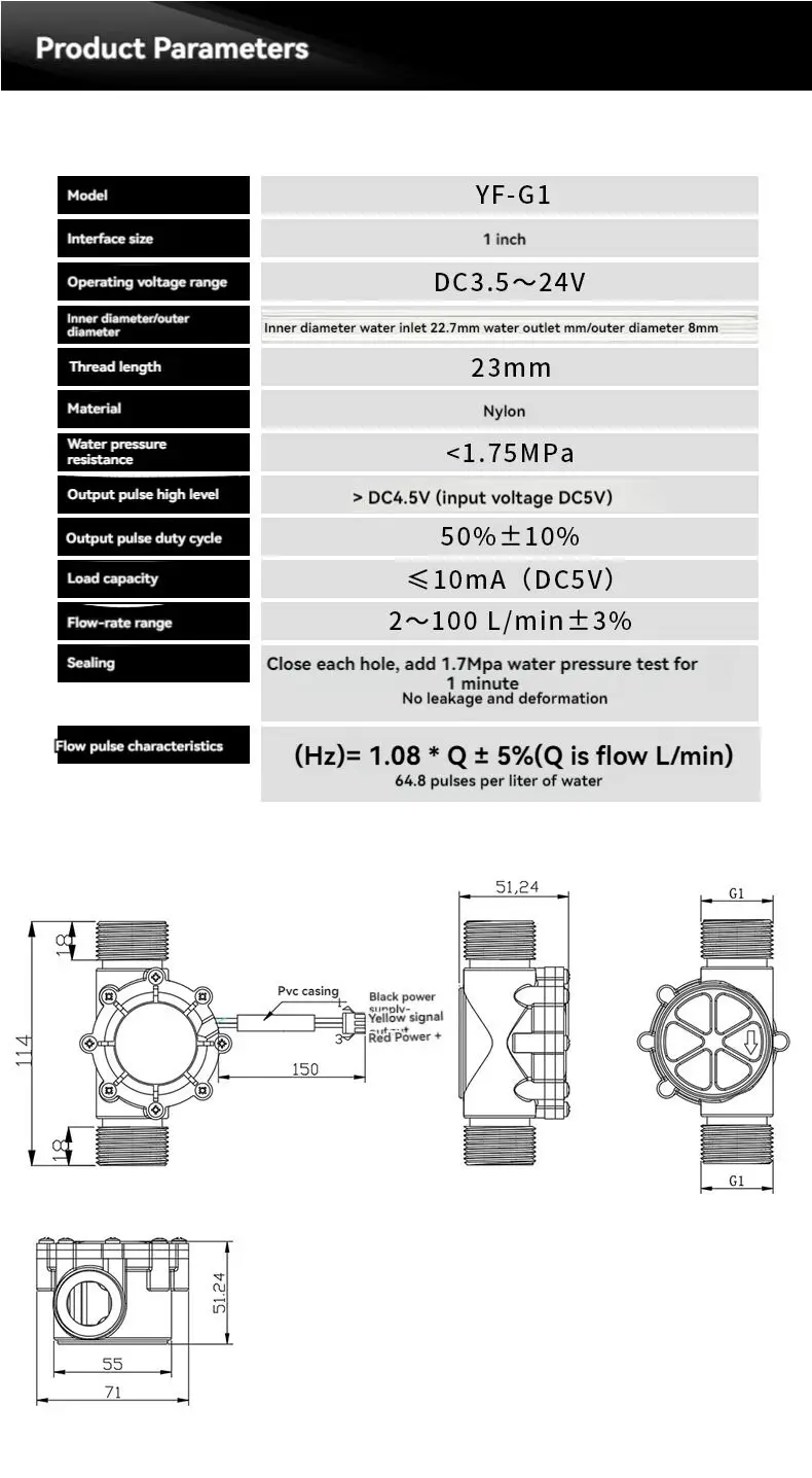 Water Pipe Flow Meter Sensor Counter Indicator Hall Water Heater Accessories Flowmeter DN25 G1 Flow Range 2-100L/min