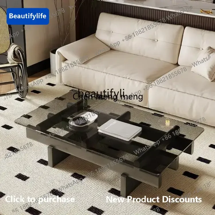 

183ff French small apartment rectangular design ash solid wood living room tempered glass coffee table