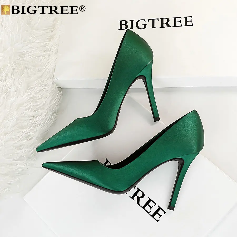 

BIGTREE Women Pumps Stiletto Banquet Sexy Ladies Party Novelty Pointed Toe Silk 10CM Thin Heels Retro Office Career Women Shoes