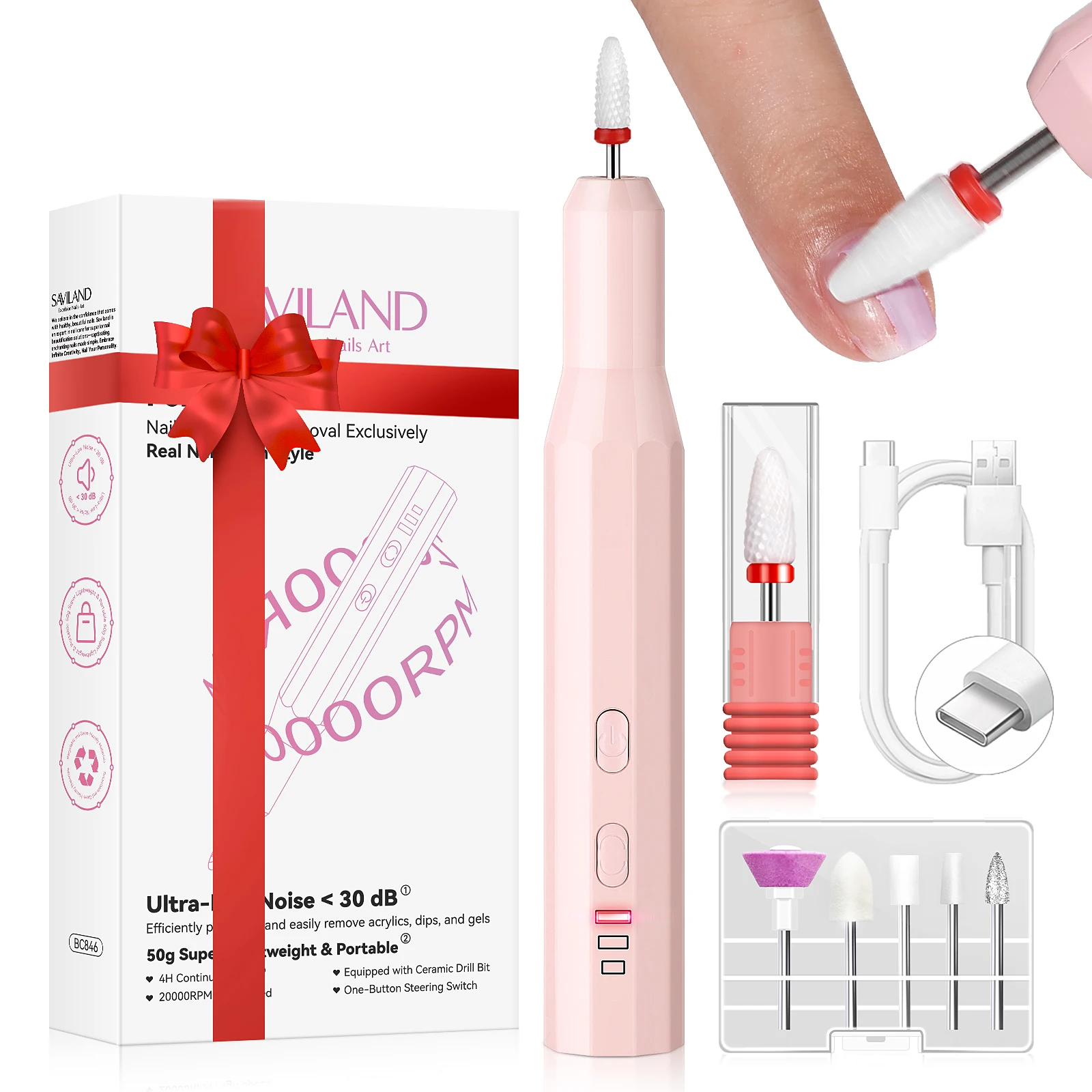 

SAVILAND Портативная пилочка для ухода за ногтями, электрическая дрель для ногтей, перезаряжаемая, 20000 об/мин, инструменты для маникюра и педикюра с полными насадками