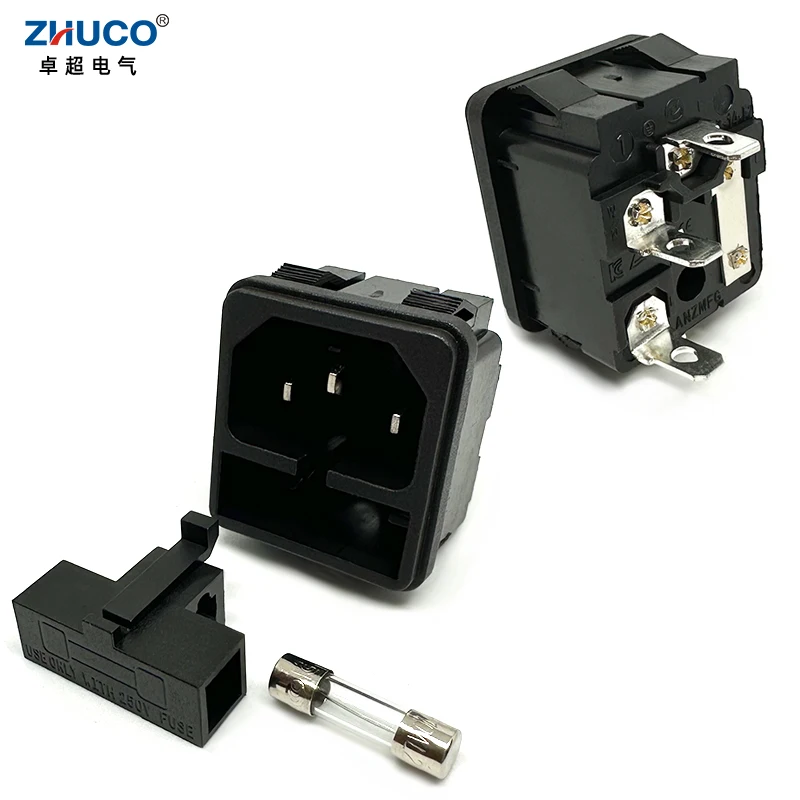

1PC LZ-14-F2-3P 3 Pins Panel Mounted Plug Connector IEC320 C14 10A 250V AC Electrical Inlet Module Power Socket 10A 5X20mm Fuse