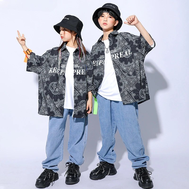 

Boys Street Dance Print Shirt Jeans Girls Hip Hop Paisley Clothes Set Kids Cool Jazz Pants Outfits Teen Rap Costumes Streetwear