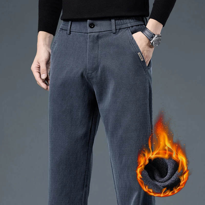 

Fleece Straight Casual Pants Men Winter Warm Fashionable Loose Elastic Waist Comfortable Thick Velvet Business Trousers Male