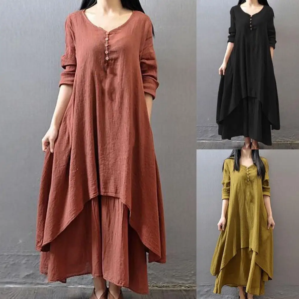 

1Pc False Two Pieces Baggy Dress Buttons Decor Large Hem Retro Dress V-Neck Solid Color Long Sleeve Loose Fit Dress Streetwear