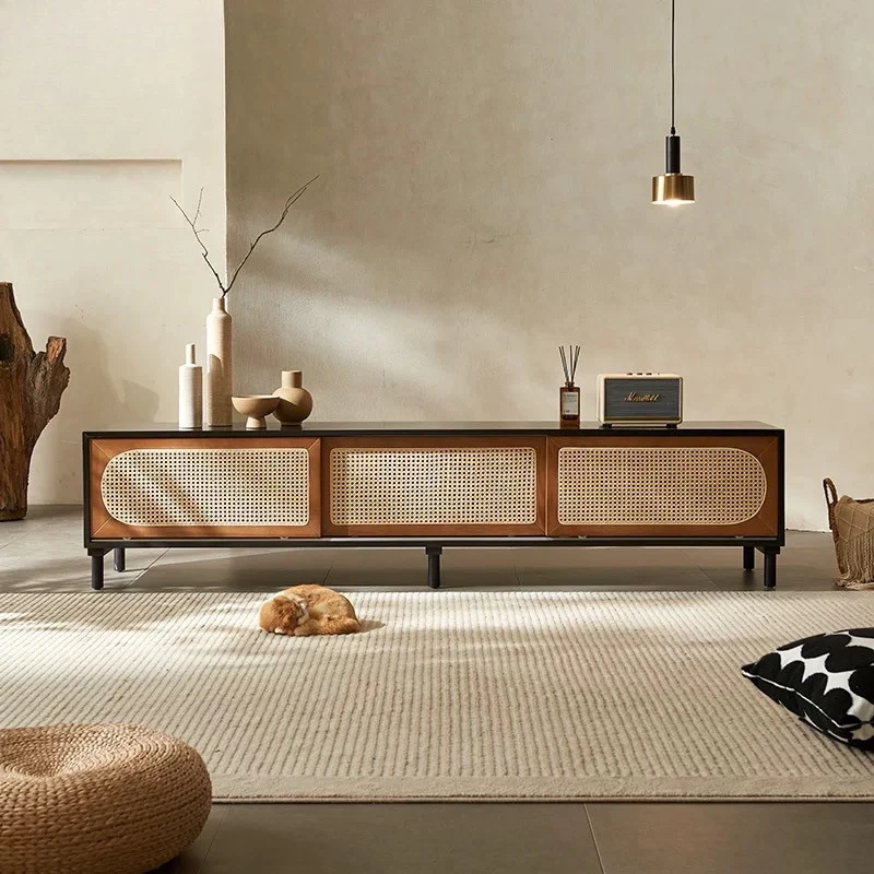 

Rattan solid wood TV cabinet retro rolling silent simple small apartment storage living room medieval B & B hotel locker