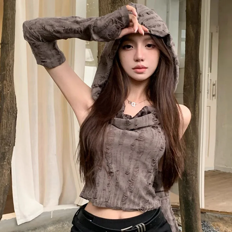 Grunge Distressed Fringe Halter Crop Top Ladies Detachable Hooded Fingerless Long Arm Sleeves Backless Slim Y2K Gothic Camisole