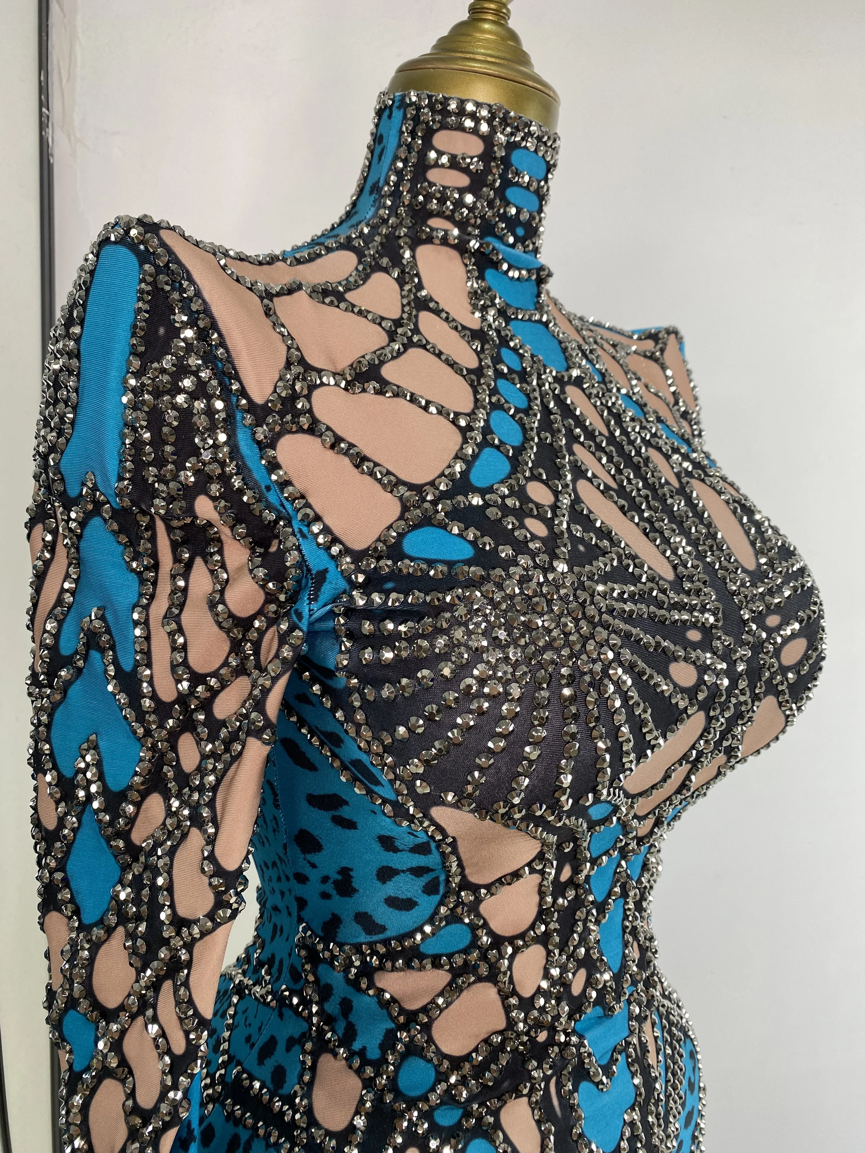 Body da donna con collo alto a maniche lunghe con strass stampati per occasioni speciali Body da ginnastica ritmica Abito da ballo sportivo