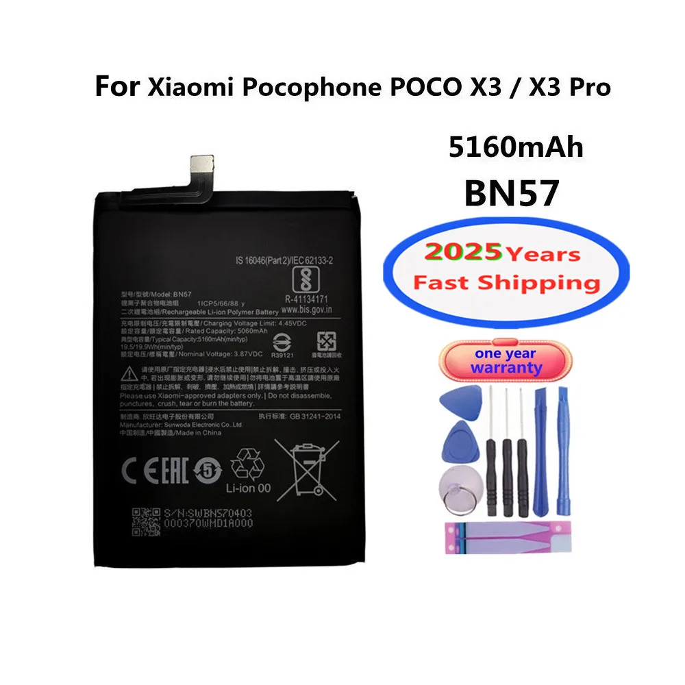 2025 Years BN57 Battery For Xiaomi Pocophone Poco X3 / X3 Pro X3Pro NFC Phone Battery 5160mAh + Free Tools