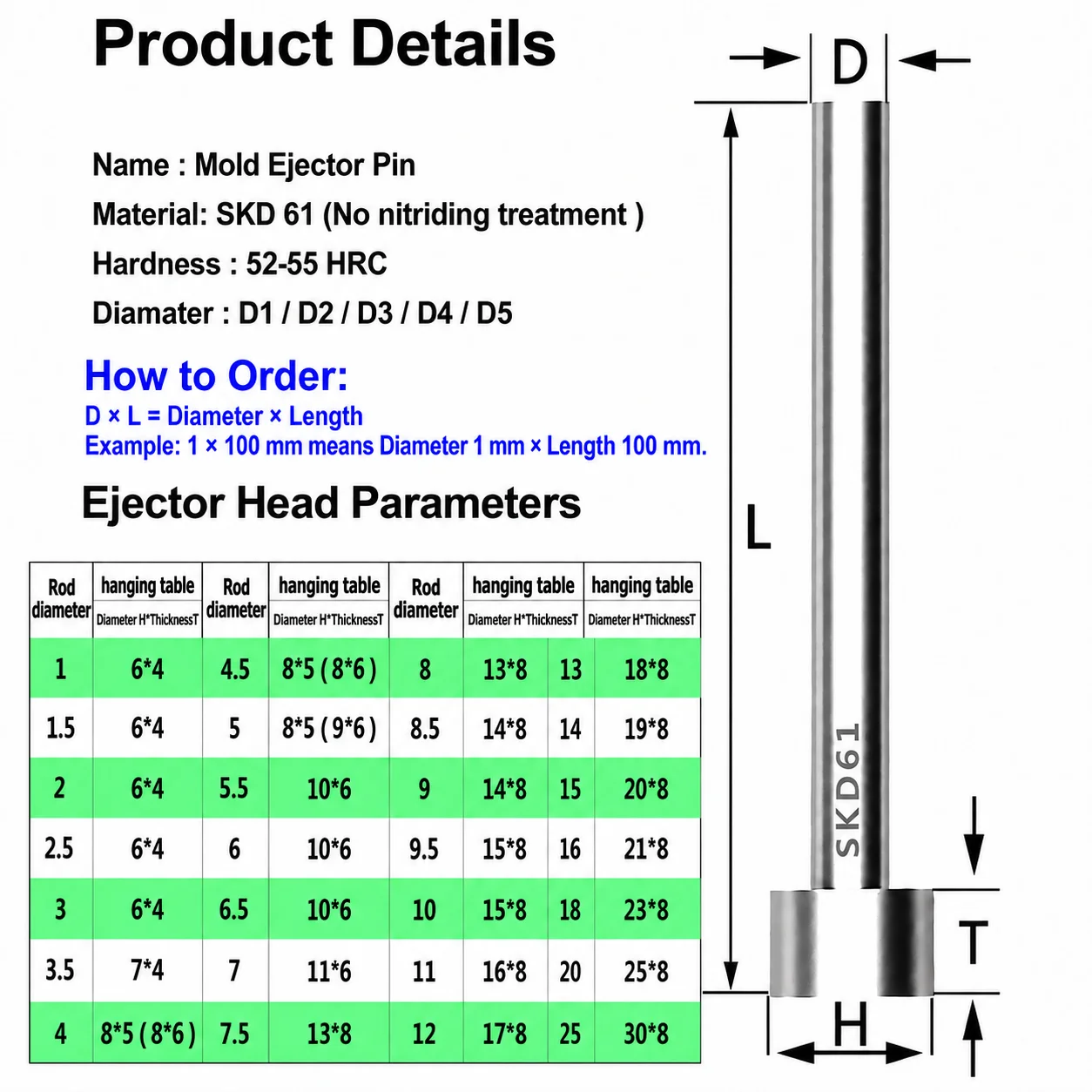 5PCS SKD61 Plastic Mold Accessories Ejector Pin D11-D25mm Straight Ejector Rod L100-L300mm Precision Mold Parts