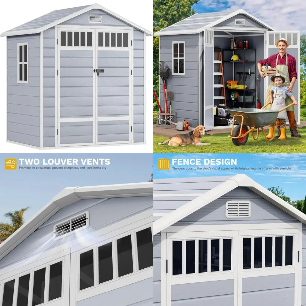 

Resin Storage Shed 6x4.4 FT with Fenced Design, Side Windows, Lockable Entry, and Ventilation for Outdoor Spaces