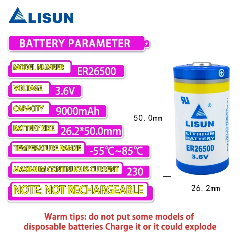 ER26500 3.6V C primary lithium battery for smart water and gas meters flow meters GPS locators IoT devices