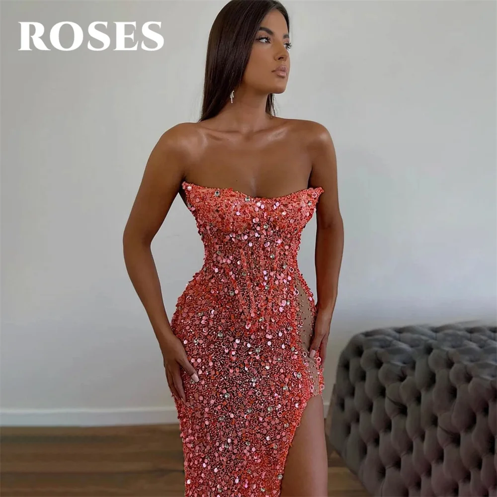 ROSES Sexy Pink Party Dress Strapless Sleeveless Mermaid Wrap Hips Prom Dress Pleats Sequins Satin فستان سهرة نس Evening Dresses