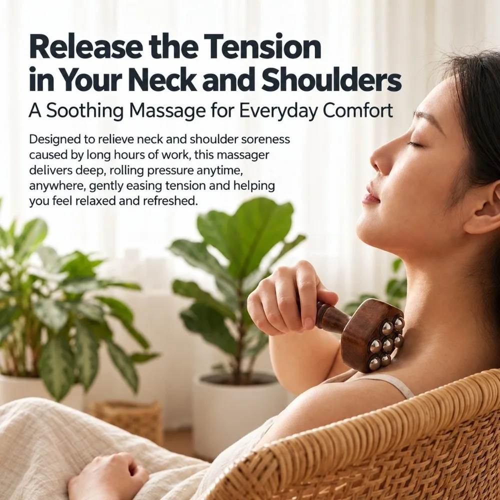 Wood Massage Roller Metal Ball Roller Hand Grip Handle Body Massager Multi ball Head Polished Surface Muscle Relaxation Tool
