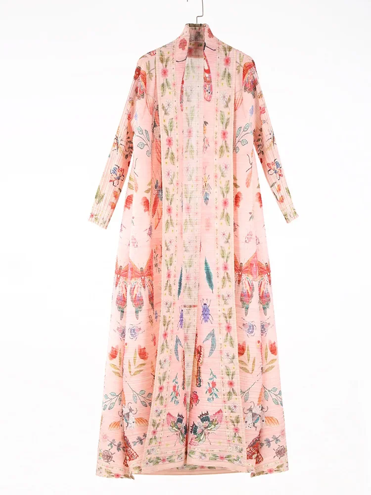 Miyake Plissee Abaya Frauen Trenchcoat Dubai Muslimischen Kaftan Gedruckt Langarm Marokko Original Designer Strickjacke Lange Mäntel