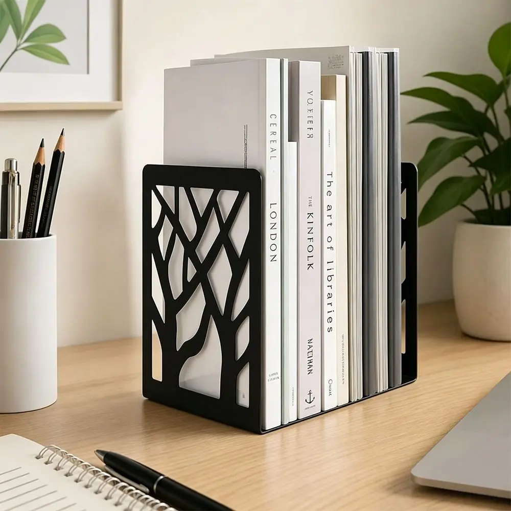 2Pcs Portable Metal Metal Bookends Hollow Tree Pattern Non Slip Book Stopper T-Shape Non-slip Book Holder Gift