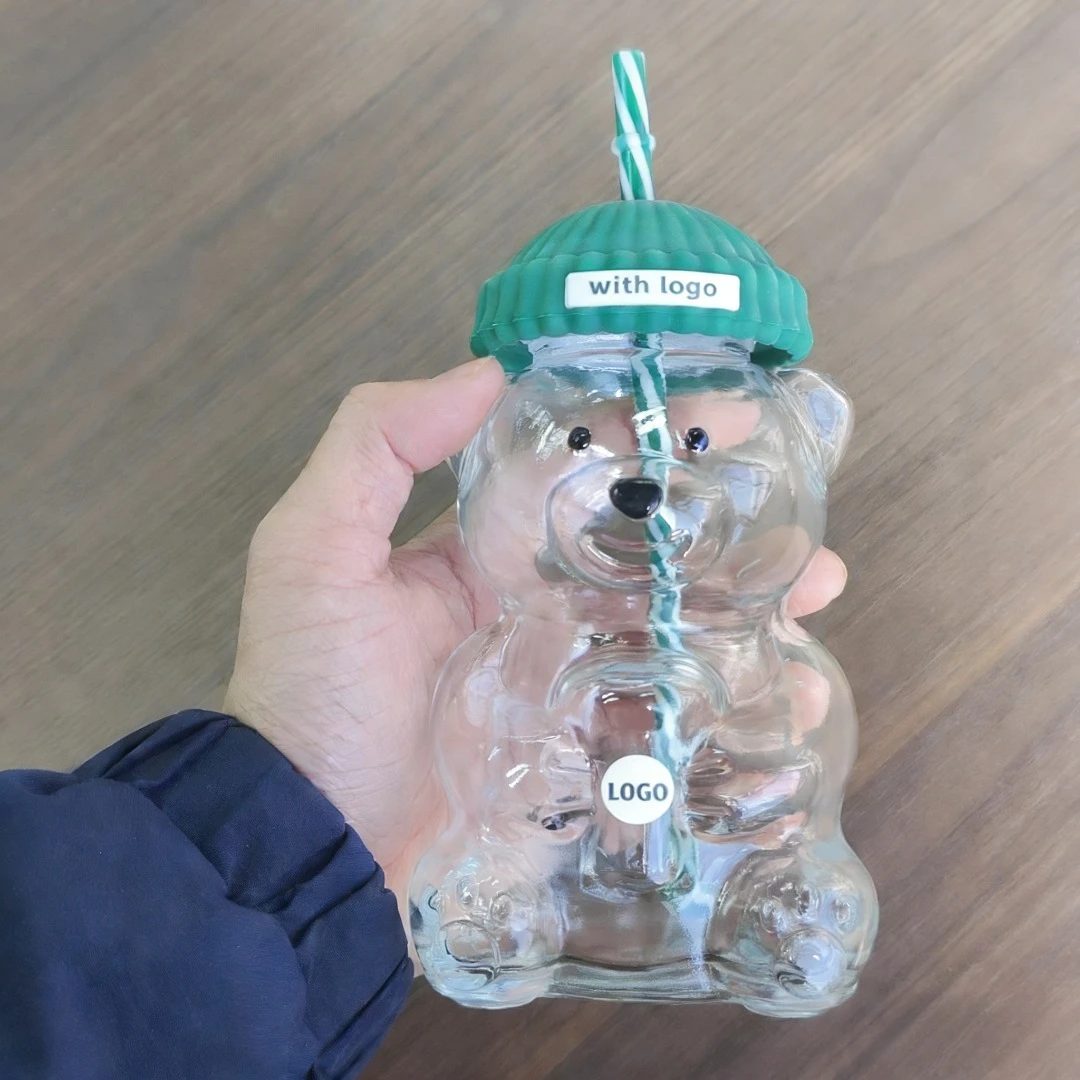 

100% with logo Cute bear shaped glass water cup,Thickened practical cup with straw,Suitable for gifting and personal use cups