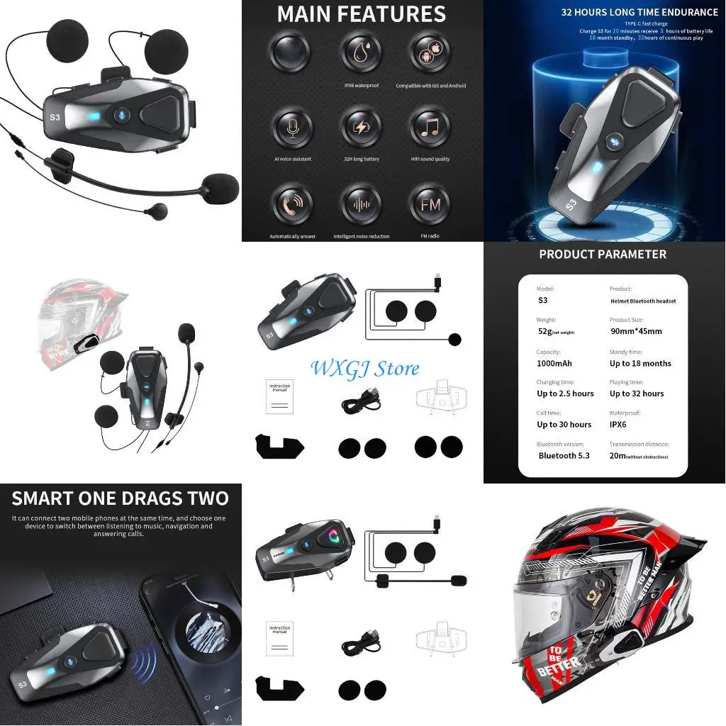 

37JE Headset Speaker Motorcycle Headset Wireless Intercom Handsfree Call with Voice Assistant Noise Cancellation