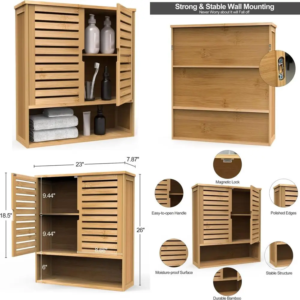 

Double-Door Bamboo Wall Cabinet with 3-Tier Shelves for Bathroom Storage