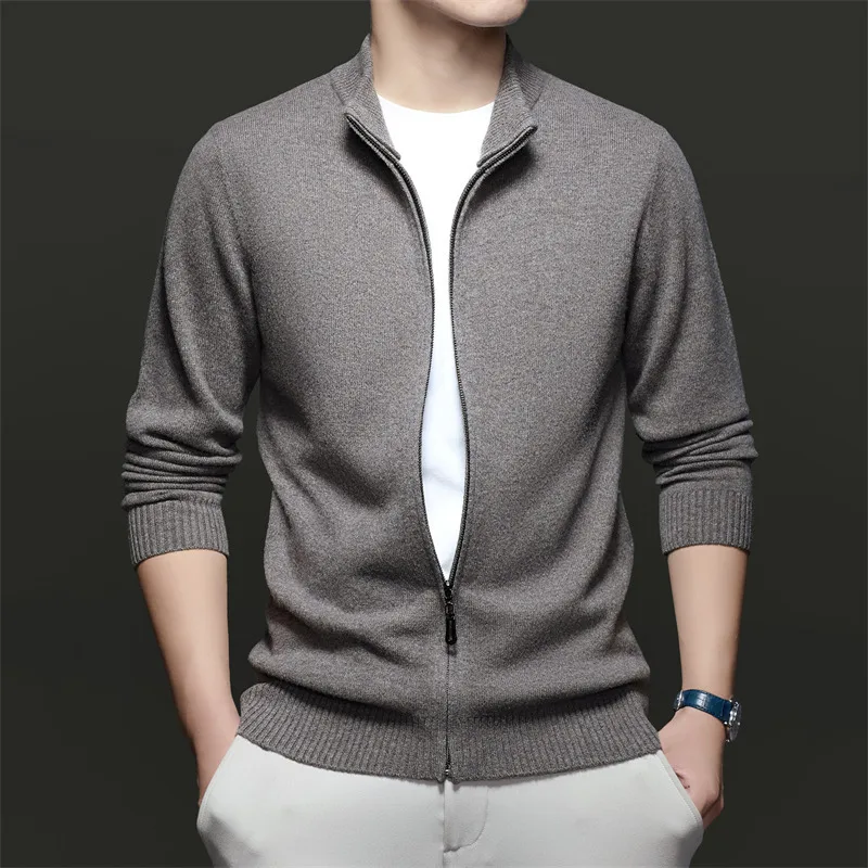 ٪ ميرينو الصوف الرجال سترة طويلة الأكمام سترة صوف الخريف الشتاء جديد الوقوف طوق بلون سترة ملابس خارجية سميكة