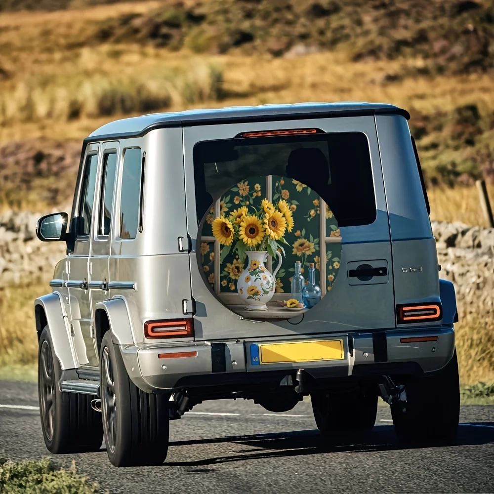 Sunflower Vase Graphic Spare Tire Cover Polyester Durable Waterproof SUV Accessory