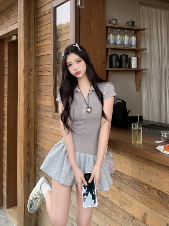 

plus Size Collar Short Sleeve Knitted Dress Women Summer New Style Pleated Hemline Casual Comfortable Fit Low Waist Shor...