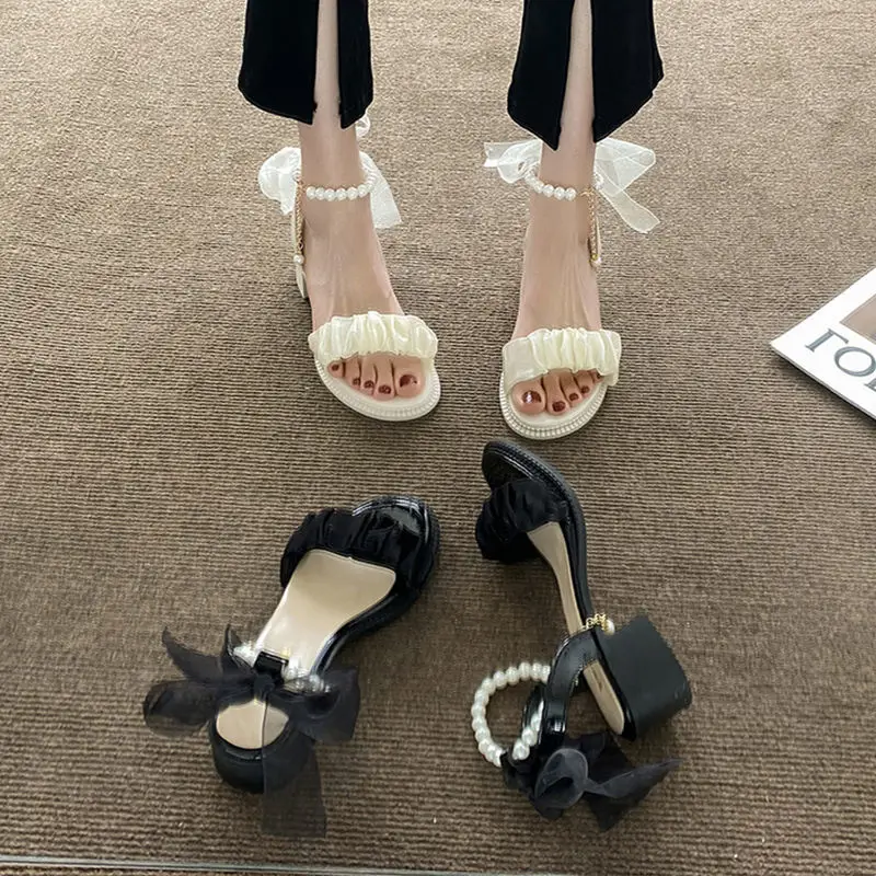 Maogu New Girl Shoes Summer Sandals 2023 Pearl Cute Sweet Elegant White High Heels for Women Elegant Woman Heeled Shoe Footwear