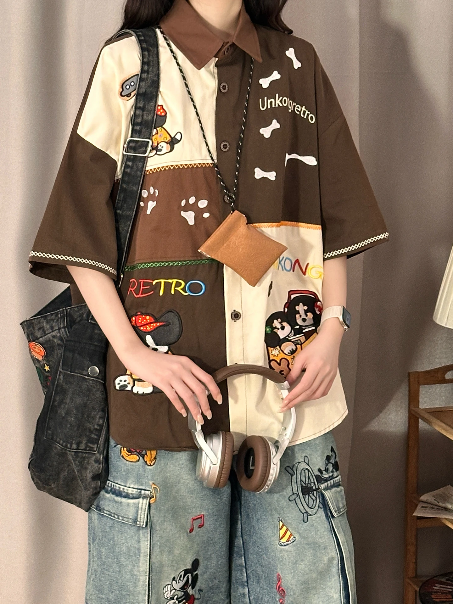 

SOLDOUT Original Summer American Retro Fun Dog Embroidery Patchwork Short Sleeve Loose Women's Shirt Trendy Street Style Pure...